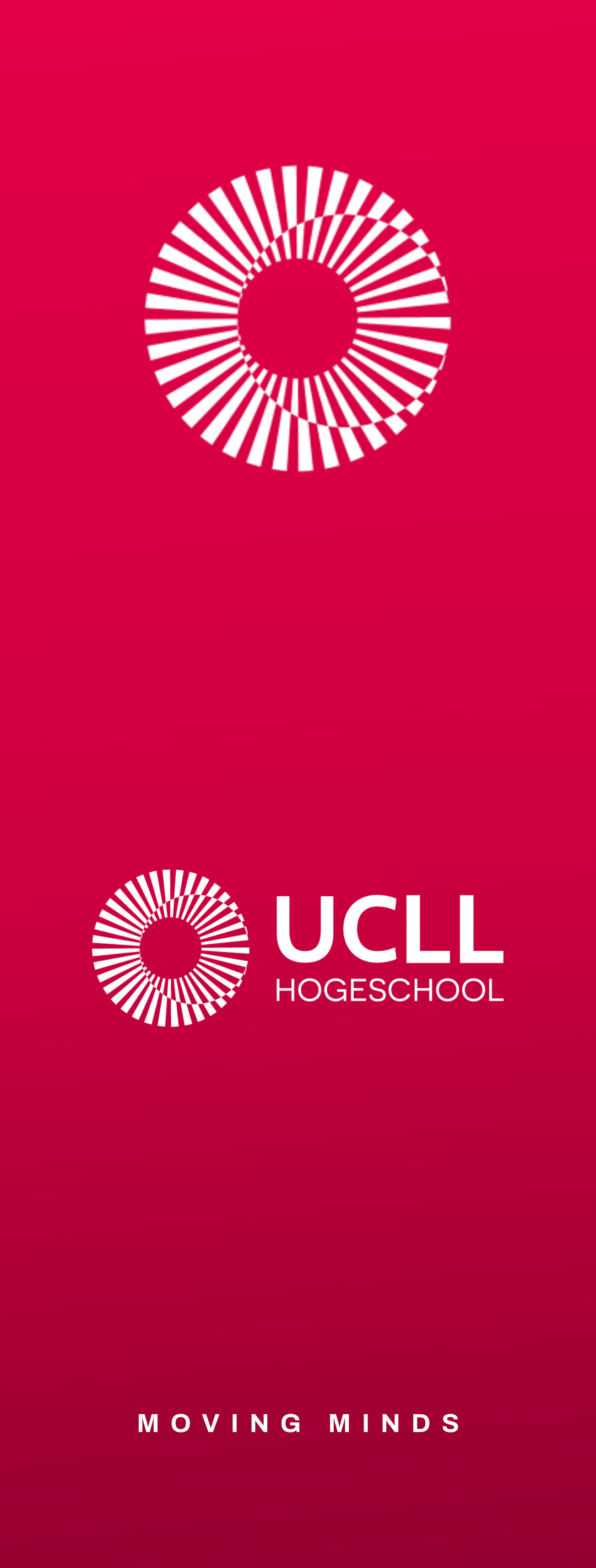 UCLL Hogeschool logo and Moving Minds tagline on a red brand background