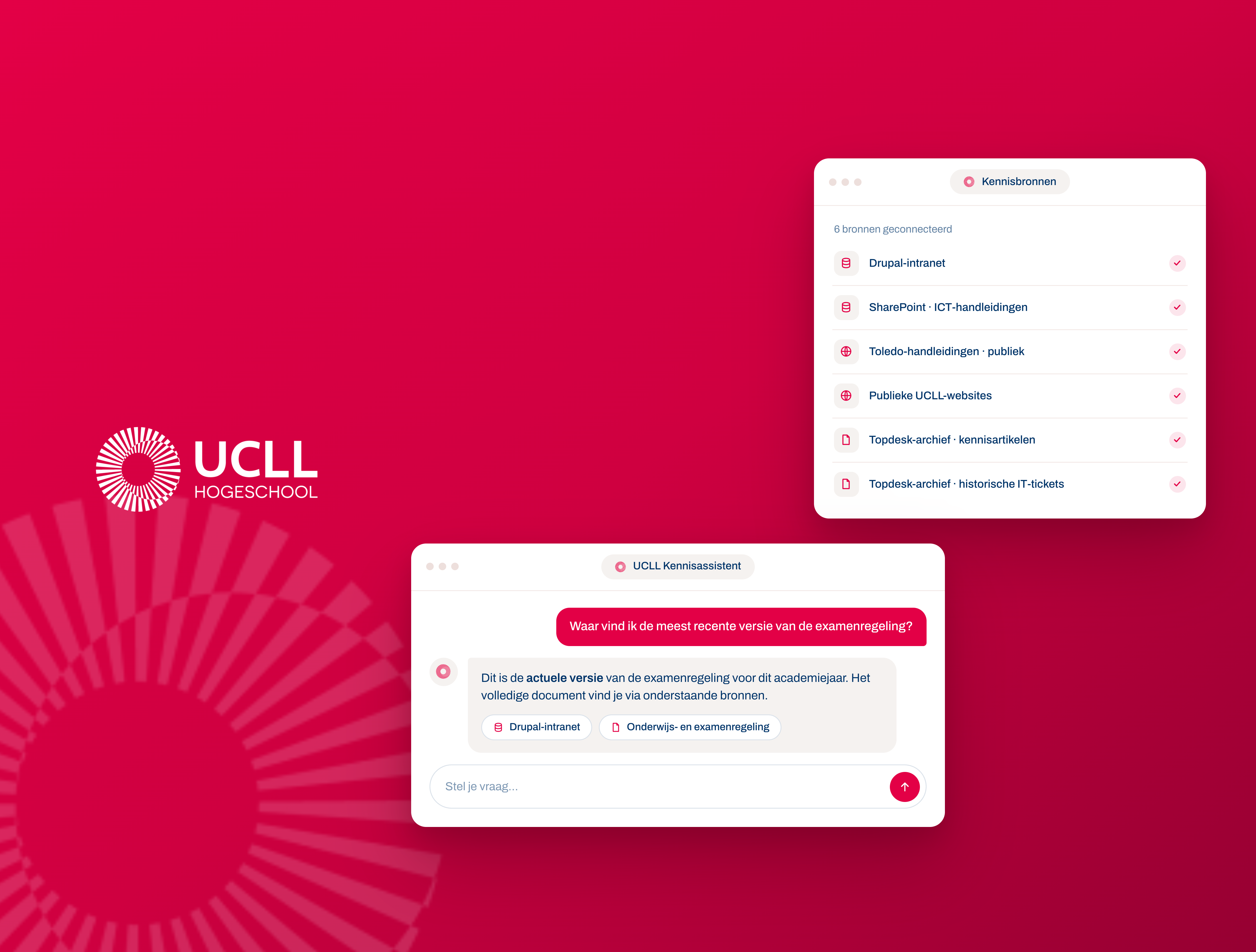 Concept visual: six connected knowledge sources and the UCLL knowledge assistant answering from Drupal intranet sources