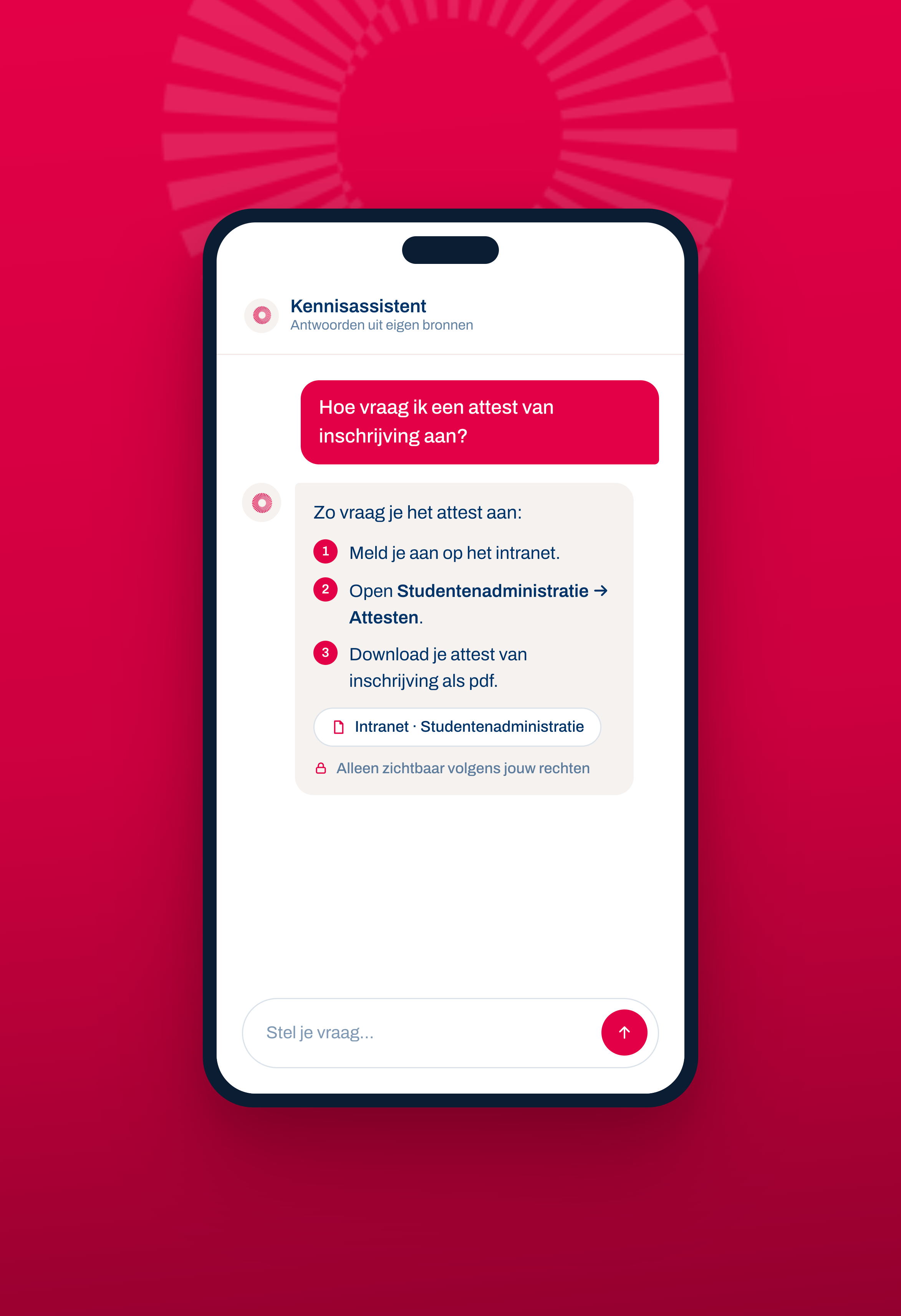 Concept visual: mobile knowledge assistant answering a question, in UCLL branding